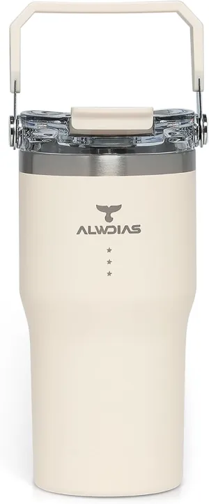 Samsta 20 oz Insulated Stainless Steel Tumbler with Leak-Proof Flip Top Lid, Straw, and Handle | Cold Water Drinking Bottle for Travel, Gym, Office & Outdoor | White Cream