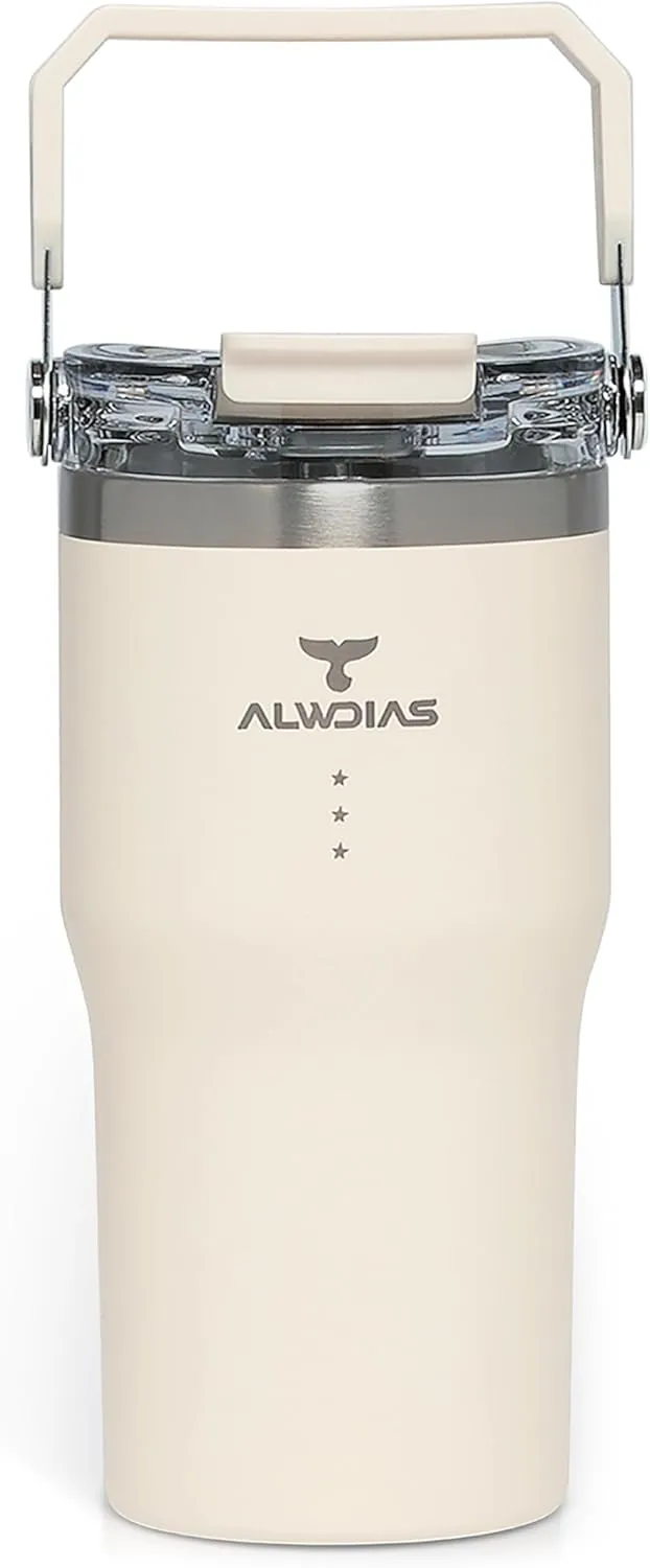 Samsta 20 oz Insulated Stainless Steel Tumbler with Leak-Proof Flip Top Lid, Straw, and Handle | Cold Water Drinking Bottle for Travel, Gym, Office & Outdoor | White Cream