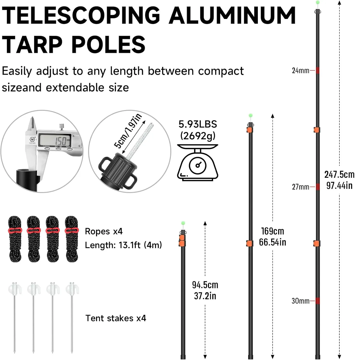 SANLIKE Tarp Poles Heavy Duty Telescoping 97" Adjustable Aviation Aluminum Canopy Rods Lengthen Thicken with Protection Cap Portable Poles for Tent Fly Awning Camping Hiking  Stakes Ropes Set of 4