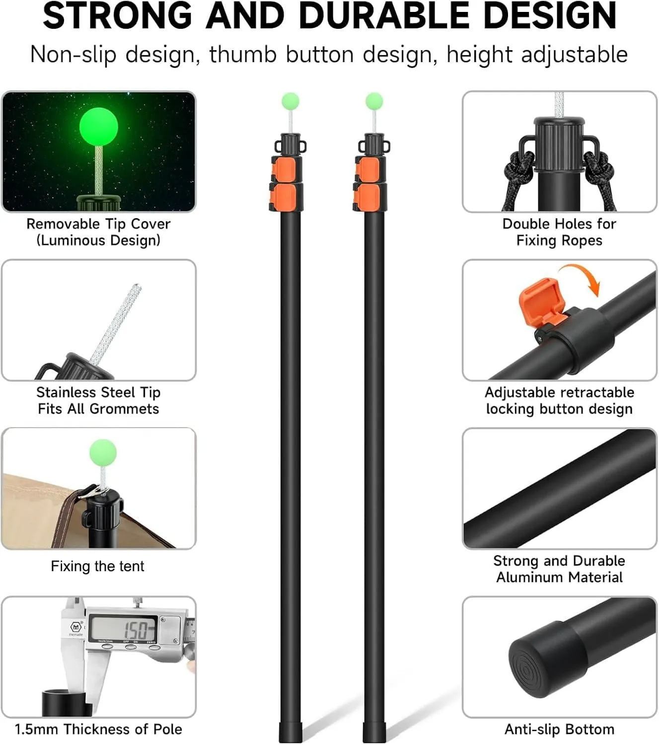 SANLIKE Tarp Poles Heavy Duty Telescoping 97" Adjustable Aviation Aluminum Canopy Rods Lengthen Thicken with Protection Cap Portable Poles for Tent Fly Awning Camping Hiking  Stakes Ropes Set of 4