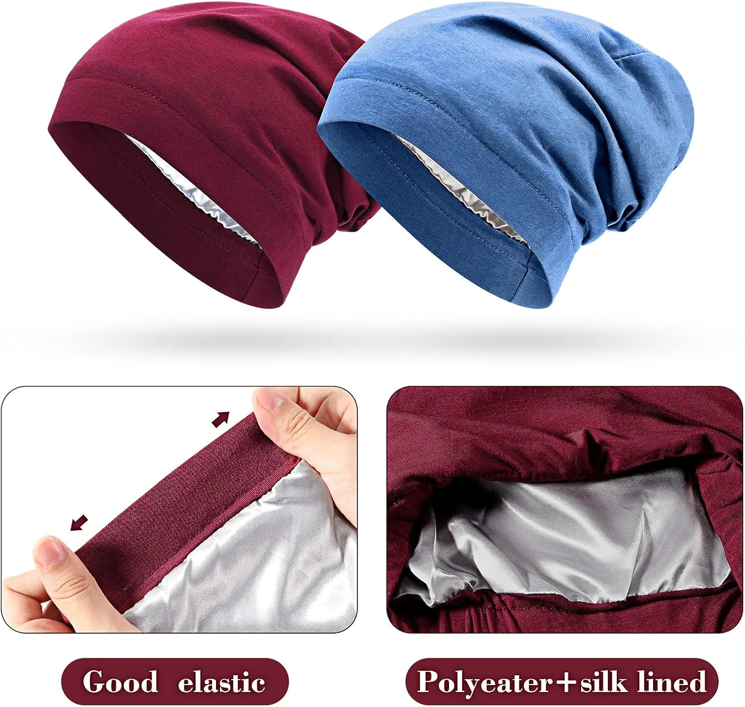 SATINIOR 6 Pieces Satin Lined Sleep Cap Slouchy Skull Beanie Hat Night Hair Cap Headwear Head Wrap for Curly Hair Women Girl