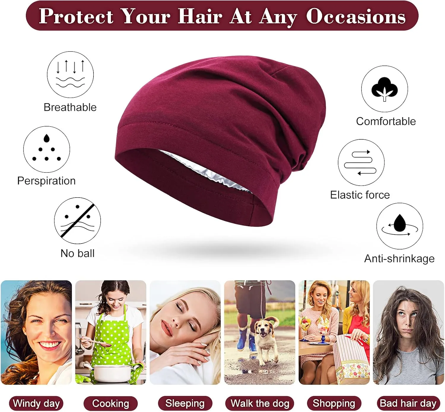 SATINIOR 6 Pieces Satin Lined Sleep Cap Slouchy Skull Beanie Hat Night Hair Cap Headwear Head Wrap for Curly Hair Women Girl