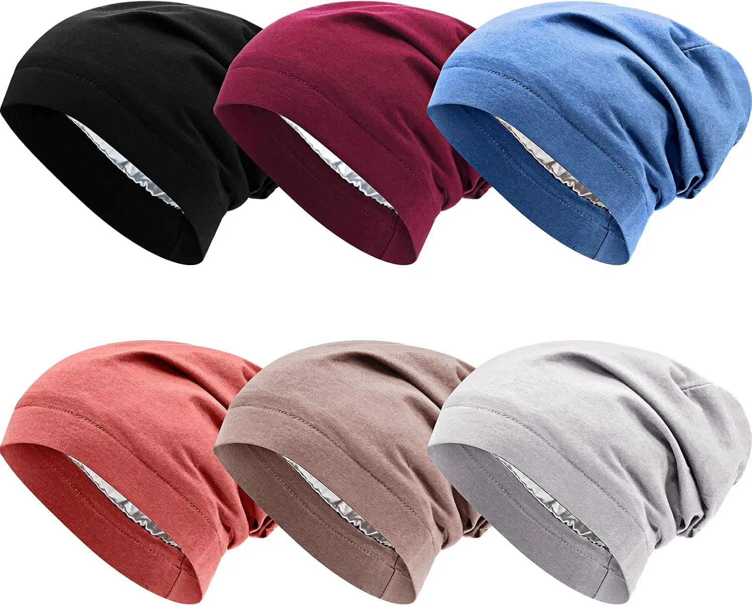 SATINIOR 6 Pieces Satin Lined Sleep Cap Slouchy Skull Beanie Hat Night Hair Cap Headwear Head Wrap for Curly Hair Women Girl