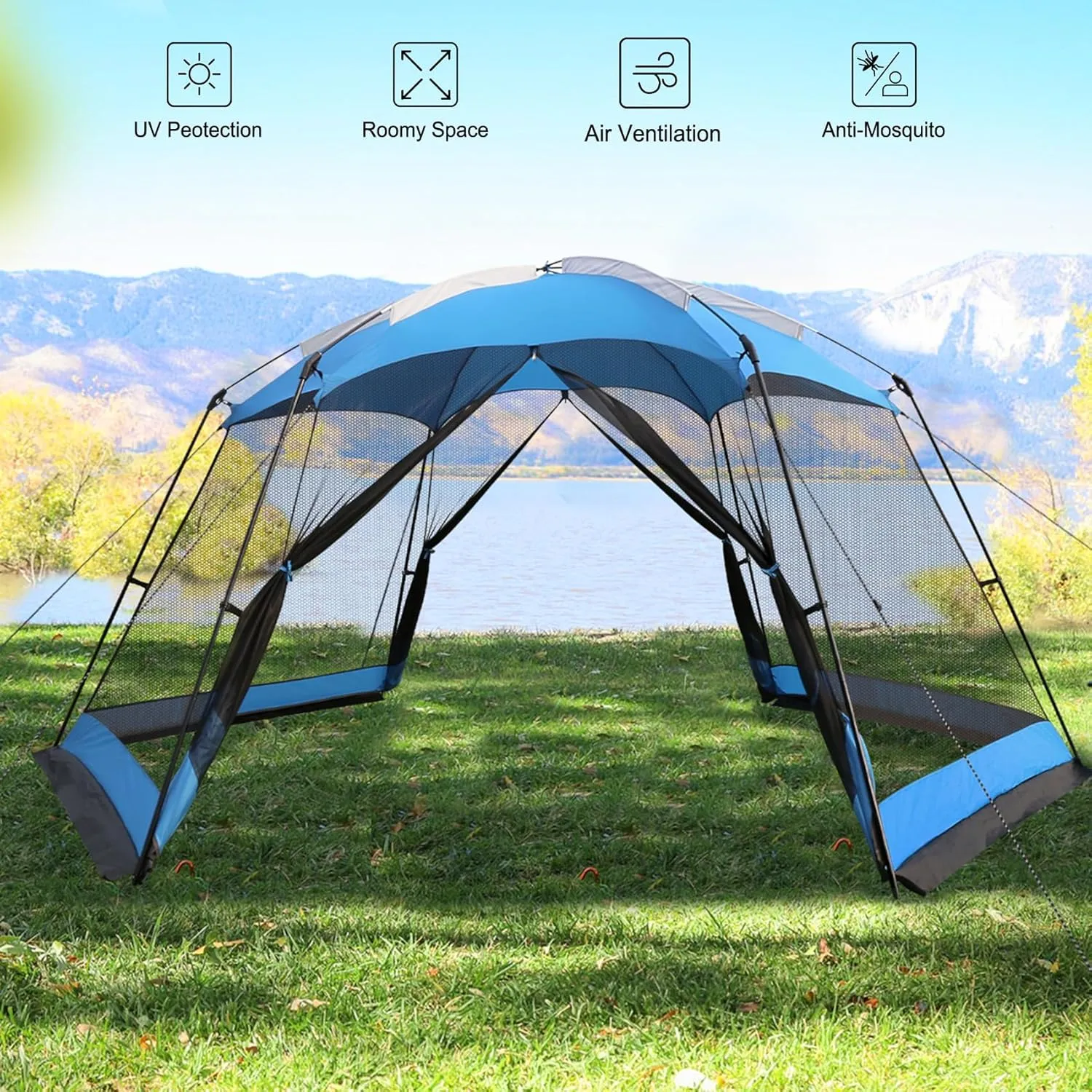 Screen House 15x13 FT Mesh Canopy Tent Camping Gazebo Shelter for 8-10 People Outdoor Party Activities