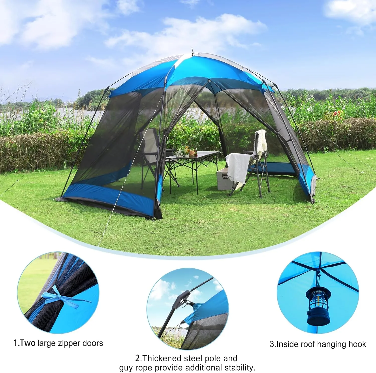 Screen House 15x13 FT Mesh Canopy Tent Camping Gazebo Shelter for 8-10 People Outdoor Party Activities