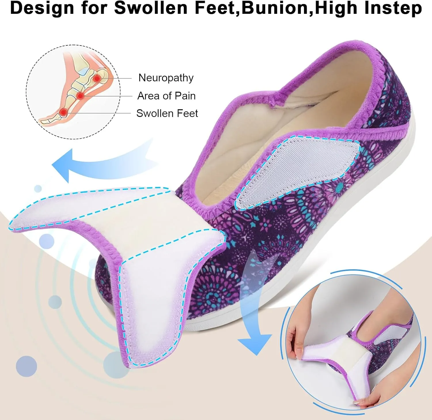 Scurtain Womens Slippers Comfy Wide Diabetic Slippers Adjustable Walking Shoes Neuropathy Orthopedic Recovery House Shoes