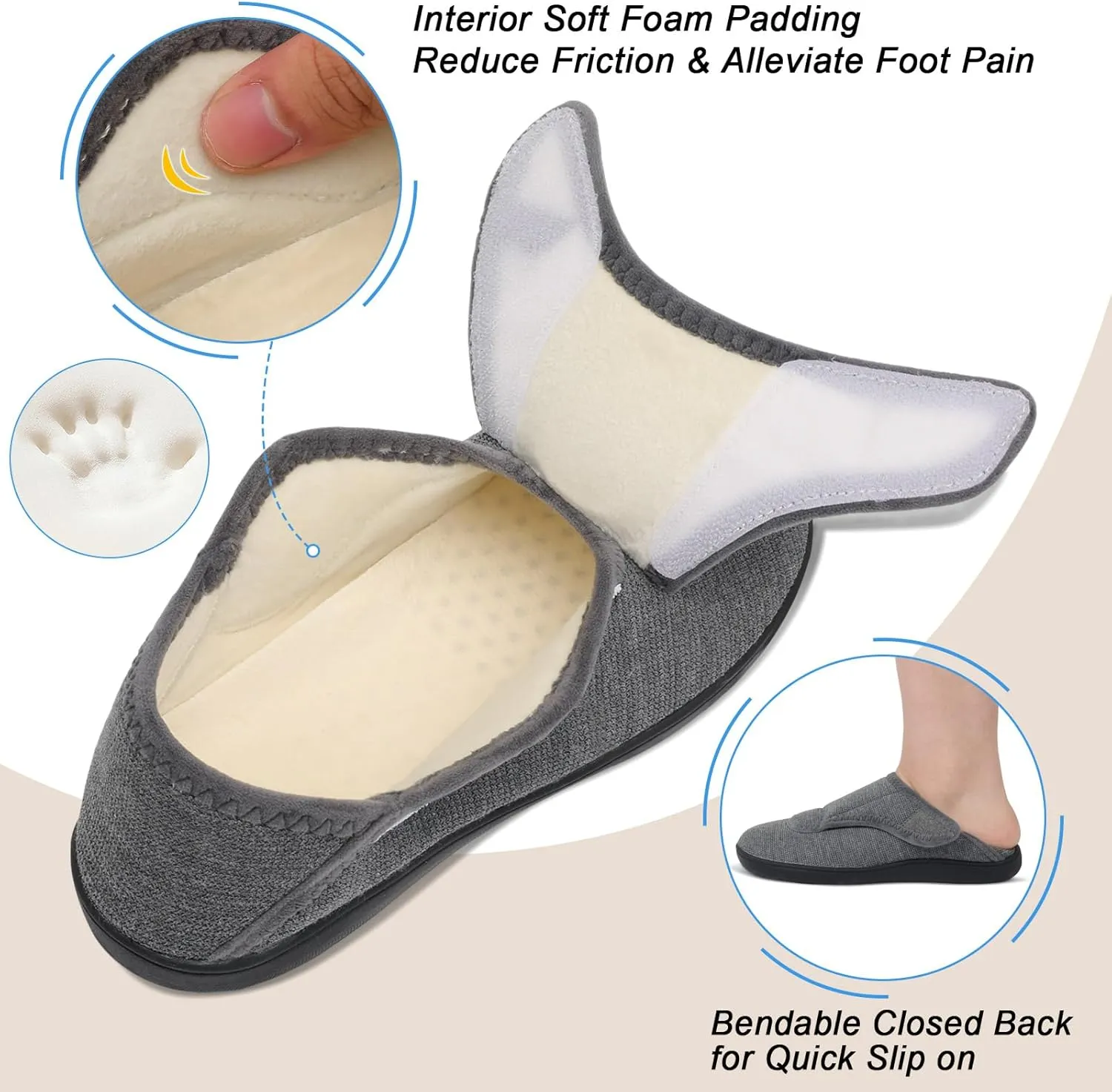 Scurtain Womens Slippers Comfy Wide Diabetic Slippers Adjustable Walking Shoes Neuropathy Orthopedic Recovery House Shoes