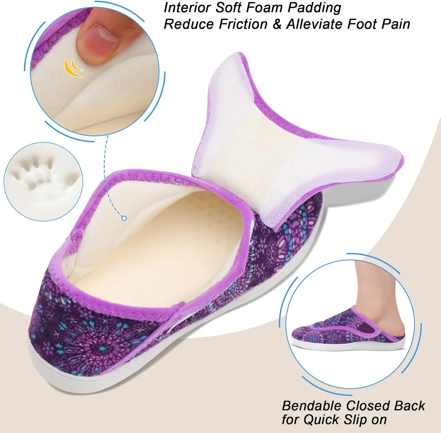 Scurtain Womens Slippers Comfy Wide Diabetic Slippers Adjustable Walking Shoes Neuropathy Orthopedic Recovery House Shoes