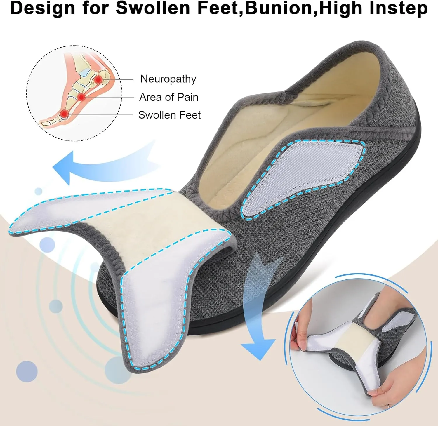 Scurtain Womens Slippers Comfy Wide Diabetic Slippers Adjustable Walking Shoes Neuropathy Orthopedic Recovery House Shoes