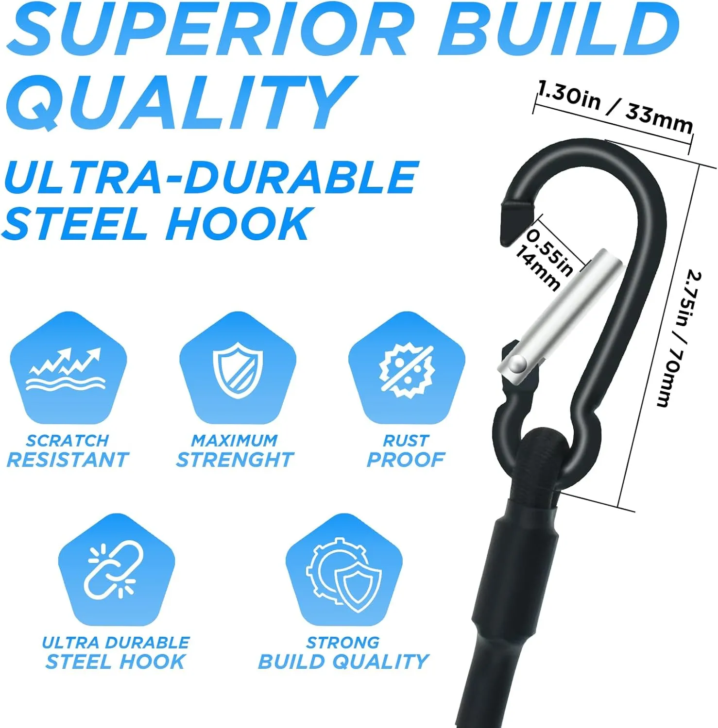 SDTC Tech 48 Inch Bungee Cord with Carabiner Hook | 2 Pack Superior Latex Heavy Duty Straps Strong Elastic Rope Locks onto Anchor Points of Luggage Rack/Cargo/Camping/RV/Hand Carts etc.