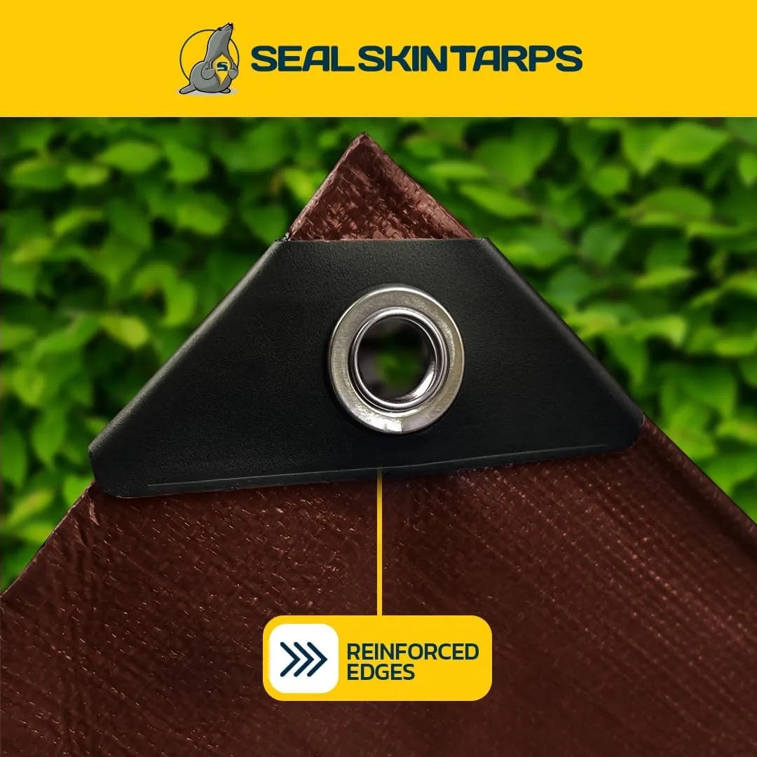 Seal Skin Covers Heavy Duty Waterproof Tarp 12x16 FT, 16 Mil Thick Brown Poly Tarp with Rustproof Grommets, UV Resistant, Tear-Proof Cover with Reinforced Edges for Outdoor, Camping, Pool, Canopy Use