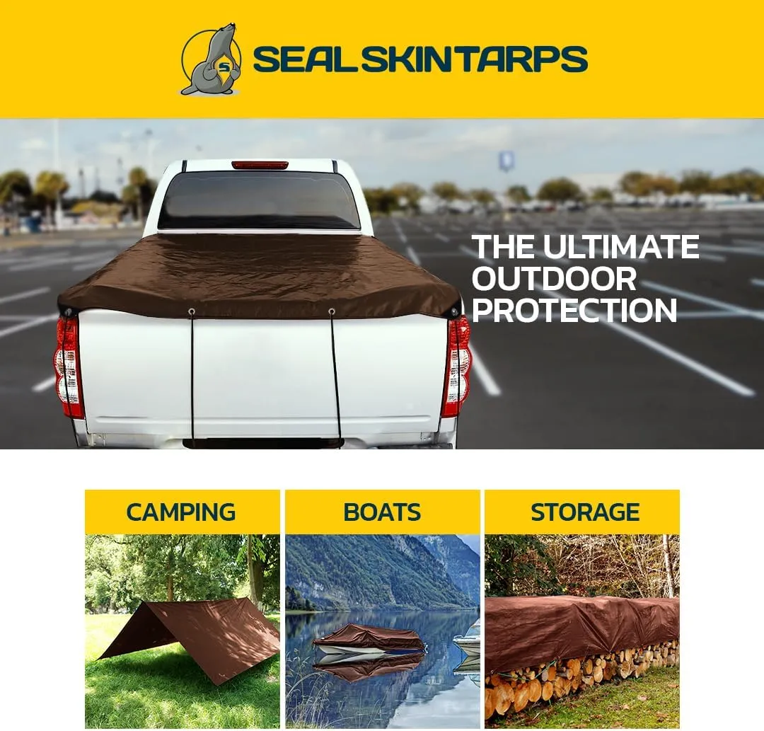 Seal Skin Covers Heavy Duty Waterproof Tarp 12x16 FT, 16 Mil Thick Brown Poly Tarp with Rustproof Grommets, UV Resistant, Tear-Proof Cover with Reinforced Edges for Outdoor, Camping, Pool, Canopy Use