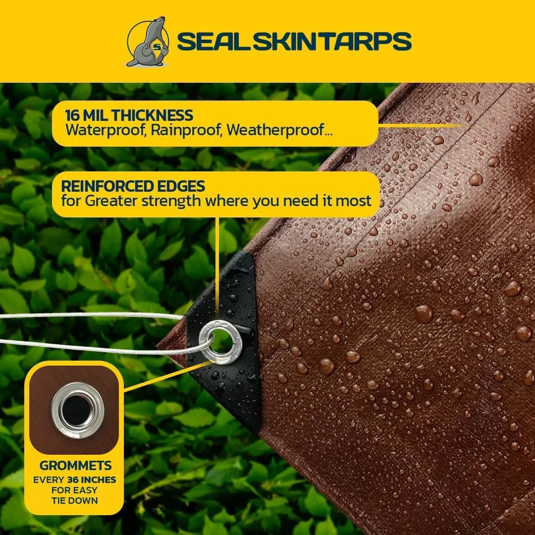 Seal Skin Covers Heavy Duty Waterproof Tarp 12x16 FT, 16 Mil Thick Brown Poly Tarp with Rustproof Grommets, UV Resistant, Tear-Proof Cover with Reinforced Edges for Outdoor, Camping, Pool, Canopy Use