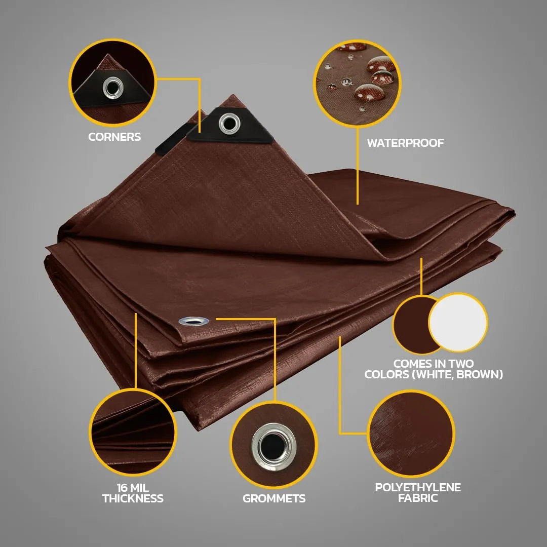 Seal Skin Covers Heavy Duty Waterproof Tarp 12x16 FT, 16 Mil Thick Brown Poly Tarp with Rustproof Grommets, UV Resistant, Tear-Proof Cover with Reinforced Edges for Outdoor, Camping, Pool, Canopy Use