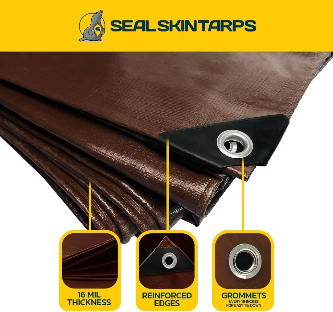 Seal Skin Covers Heavy Duty Waterproof Tarp 12x16 FT, 16 Mil Thick Brown Poly Tarp with Rustproof Grommets, UV Resistant, Tear-Proof Cover with Reinforced Edges for Outdoor, Camping, Pool, Canopy Use