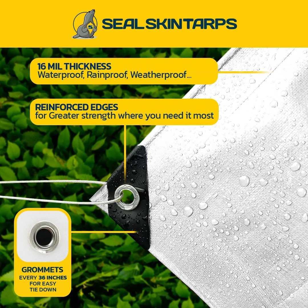 Seal Skin Covers Heavy Duty Waterproof Tarp 8x10 FT, 16 Mil 8 OZ 160 GSM Thick White Poly Tarp with Rustproof Grommets, Tear-Proof Cover with Reinforced Edges for Camping, Pool, Canopy Use