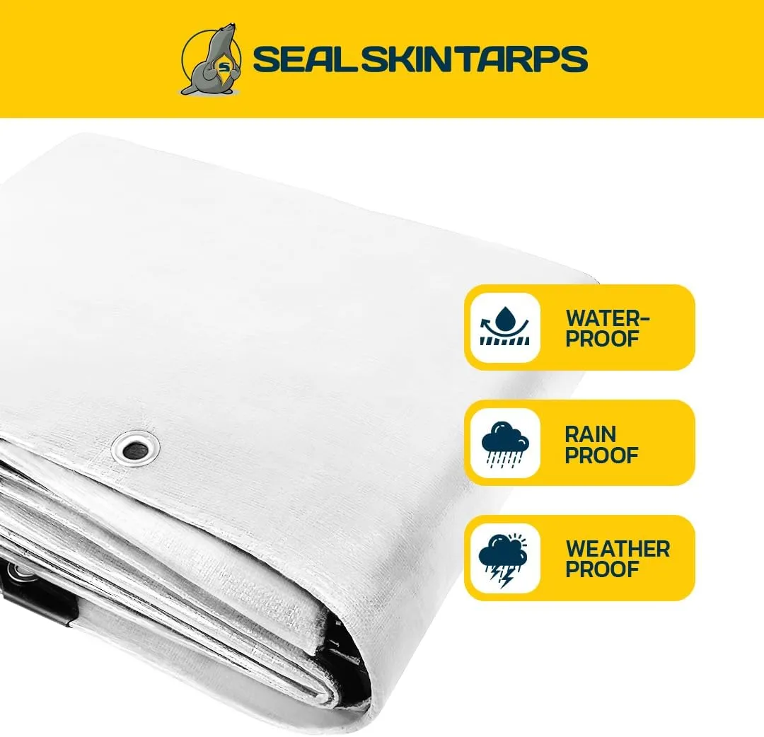 Seal Skin Covers Heavy Duty Waterproof Tarp 8x10 FT, 16 Mil 8 OZ 160 GSM Thick White Poly Tarp with Rustproof Grommets, Tear-Proof Cover with Reinforced Edges for Camping, Pool, Canopy Use
