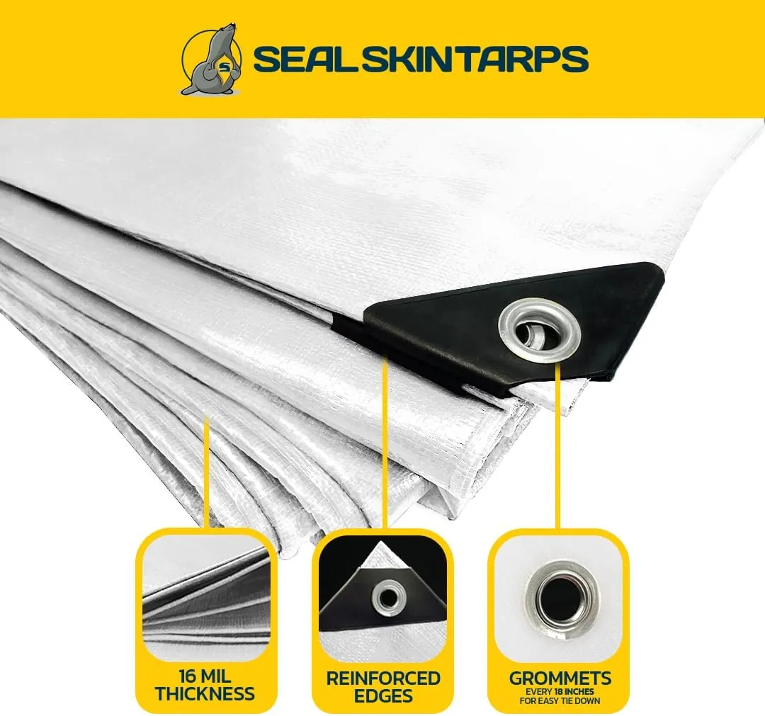 Seal Skin Covers Heavy Duty Waterproof Tarp 8x10 FT, 16 Mil 8 OZ 160 GSM Thick White Poly Tarp with Rustproof Grommets, Tear-Proof Cover with Reinforced Edges for Camping, Pool, Canopy Use