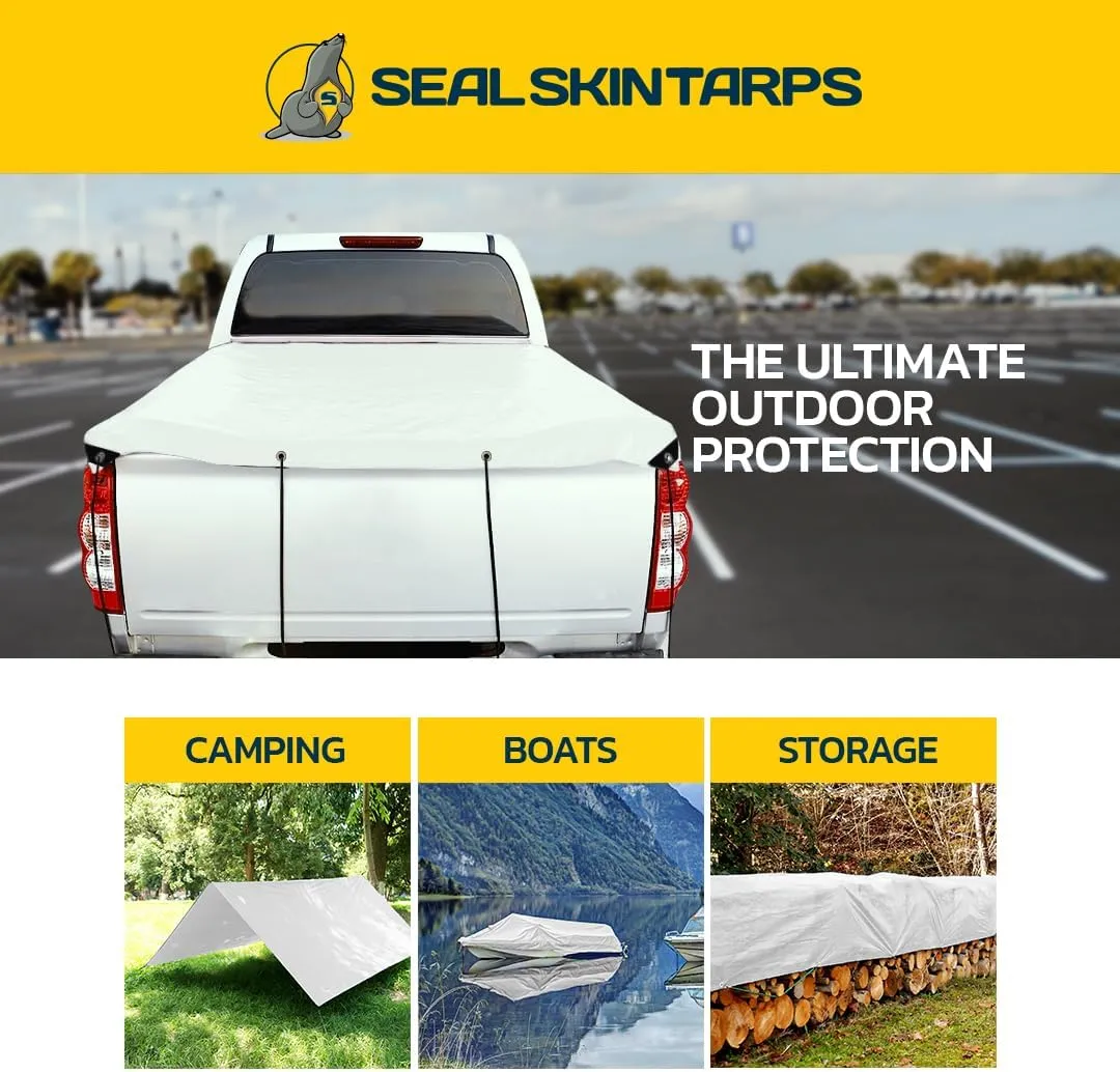 Seal Skin Covers Heavy Duty Waterproof Tarp 8x10 FT, 16 Mil 8 OZ 160 GSM Thick White Poly Tarp with Rustproof Grommets, Tear-Proof Cover with Reinforced Edges for Camping, Pool, Canopy Use
