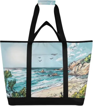Seaside Reusable Insulated Lunchbox Cooler Bag, Leakproof Kitchen Grocery Bag Collapsible Portable Cooler Tote Bag for Picnic, Camping, Office, Travel