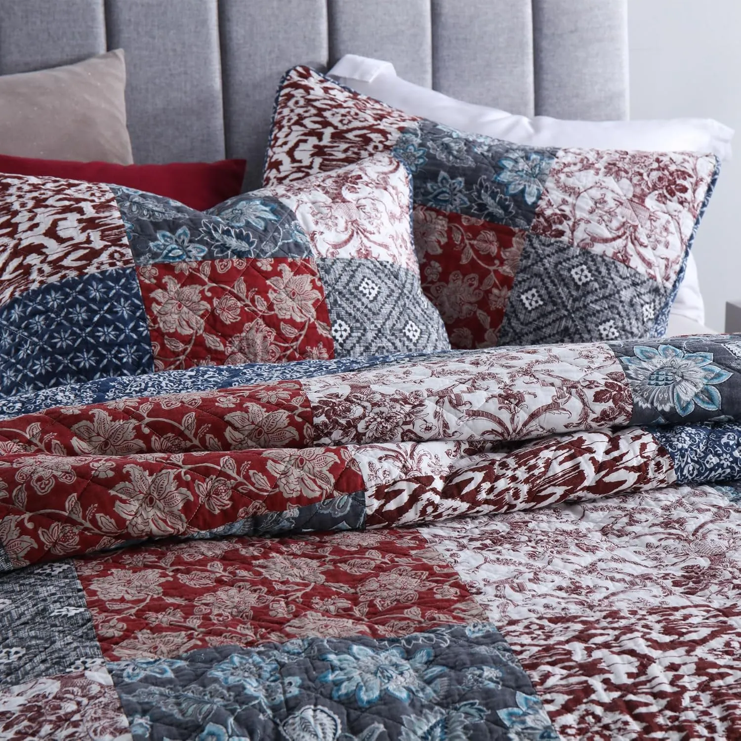 Secgo King Size Comforter Set- 100% Cotton Quilt King Size Set, Burgundy bedspreads (96 * 108 Inch) with 2 Pillow Shams, Patchwork Reversible Lightweight Bedding