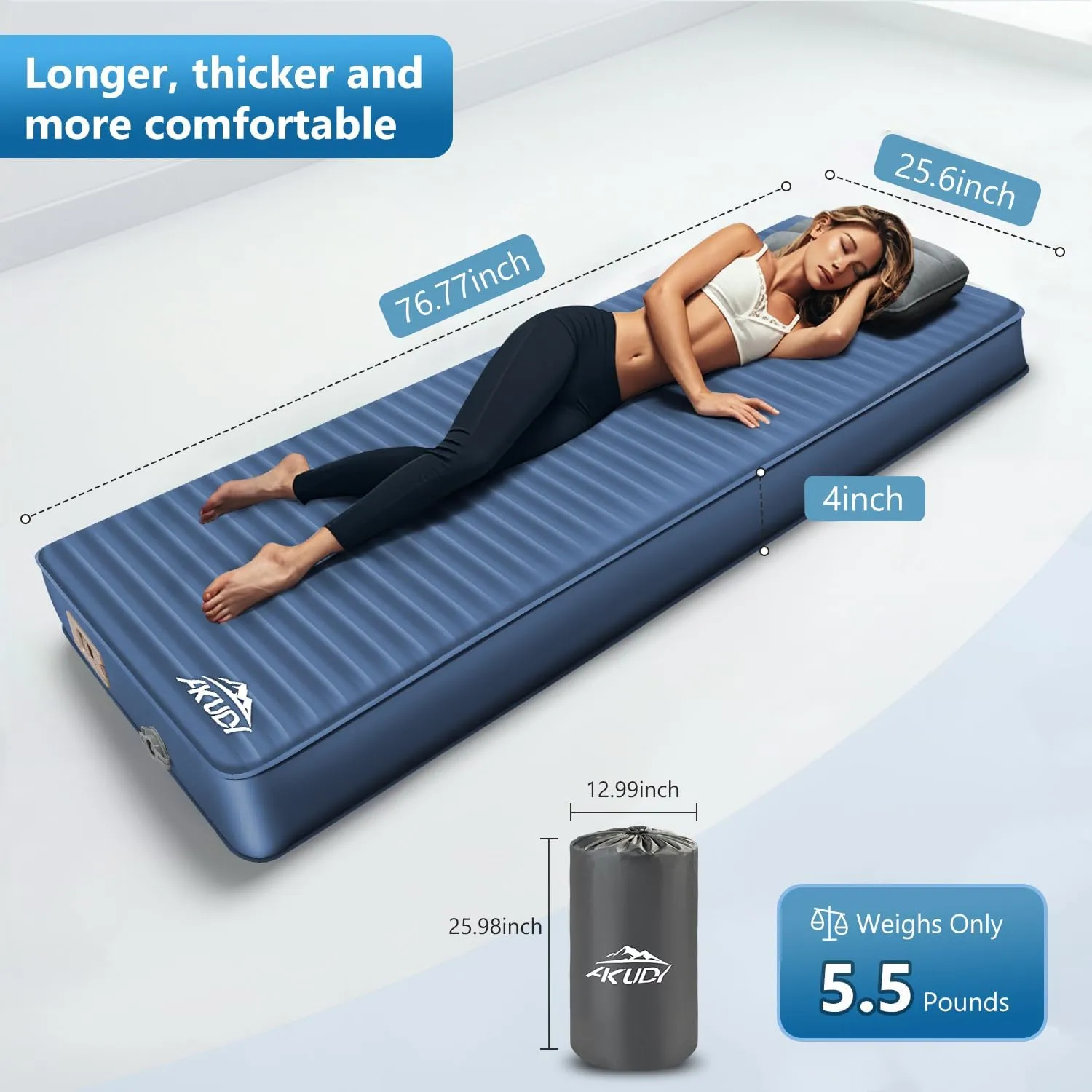 Self Inflating Sleeping Pad with Electric Pump, 4" Ultra-Thick Memory Foam Camping Pad with Pillow, 9.5 R-Value Insulated Camping Mattress, Navy Blue