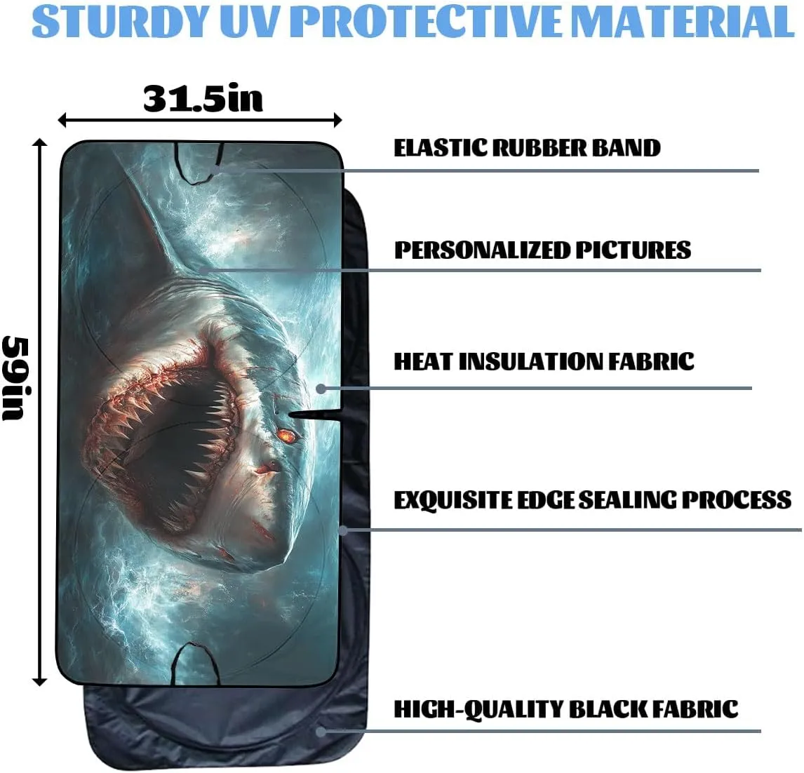 Shark White Whark Blue Sea Animal Front Window Sun Shield - Heatshield Windshield Rays Sun Shade Visor Protector for Car Sedan Truck SUV Accessories - 59" L x 31.5" W