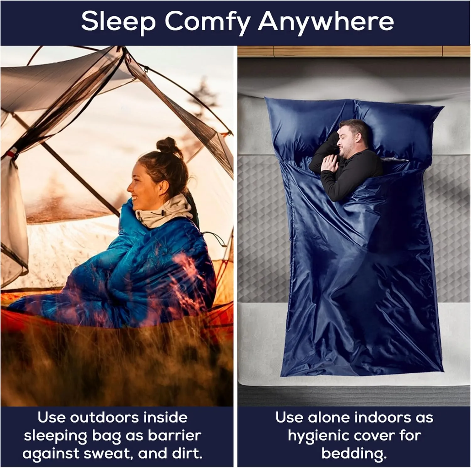 Silky Sleeping Bag Liner Cold/Warm Weather–XL Travel Sheets for Hotel 85"×52"– Lightweight Sleep Sack with Zipper & Pillow Pocket-100% Polyester Adult Sleep Sack - Hotel Sleeping Bag.