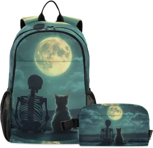 Skeleton Cat Watch Moon Backpack Book Bag Daypack Shoulder Bag Lightweight Back Pack with Lunch Box Travel Laptop Daypack 18.5 x 11.8 In