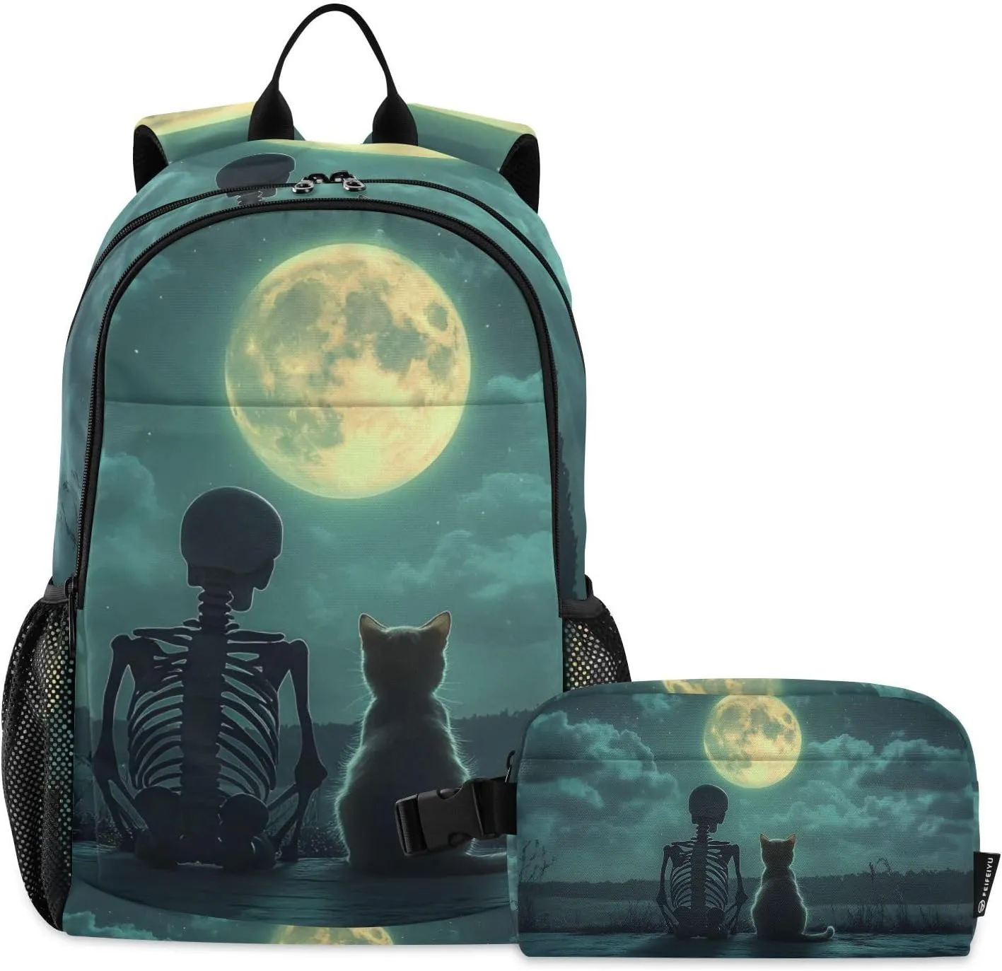 Skeleton Cat Watch Moon Backpack Book Bag Daypack Shoulder Bag Lightweight Back Pack with Lunch Box Travel Laptop Daypack 18.5 x 11.8 In