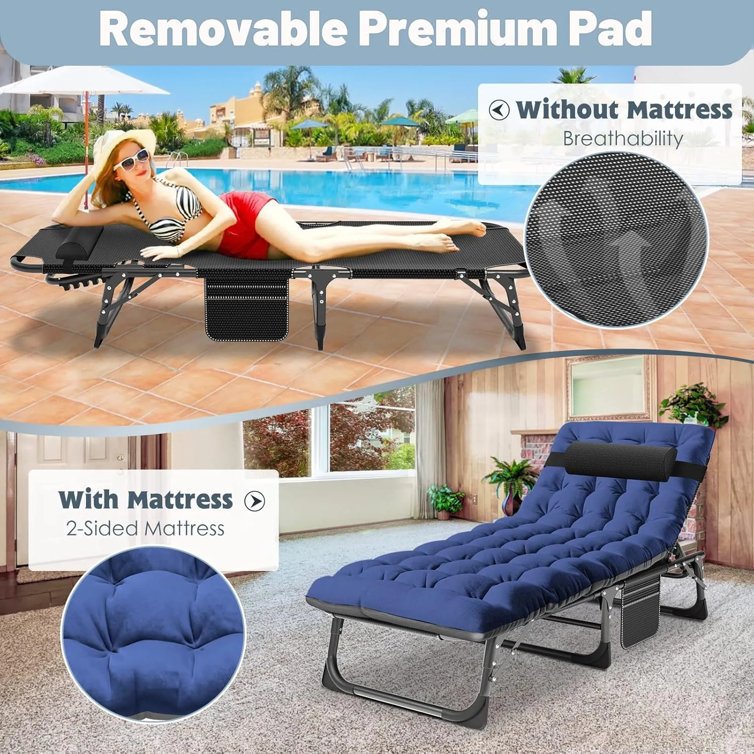 Slsy Folding Lounge Chairs Outdoor, Adjustable Sleeping Cot Chair, Portable Folding Bed Cot Chaise Lounge Chairs for Outside Beach Lawn Camping Pool Sun Tanning