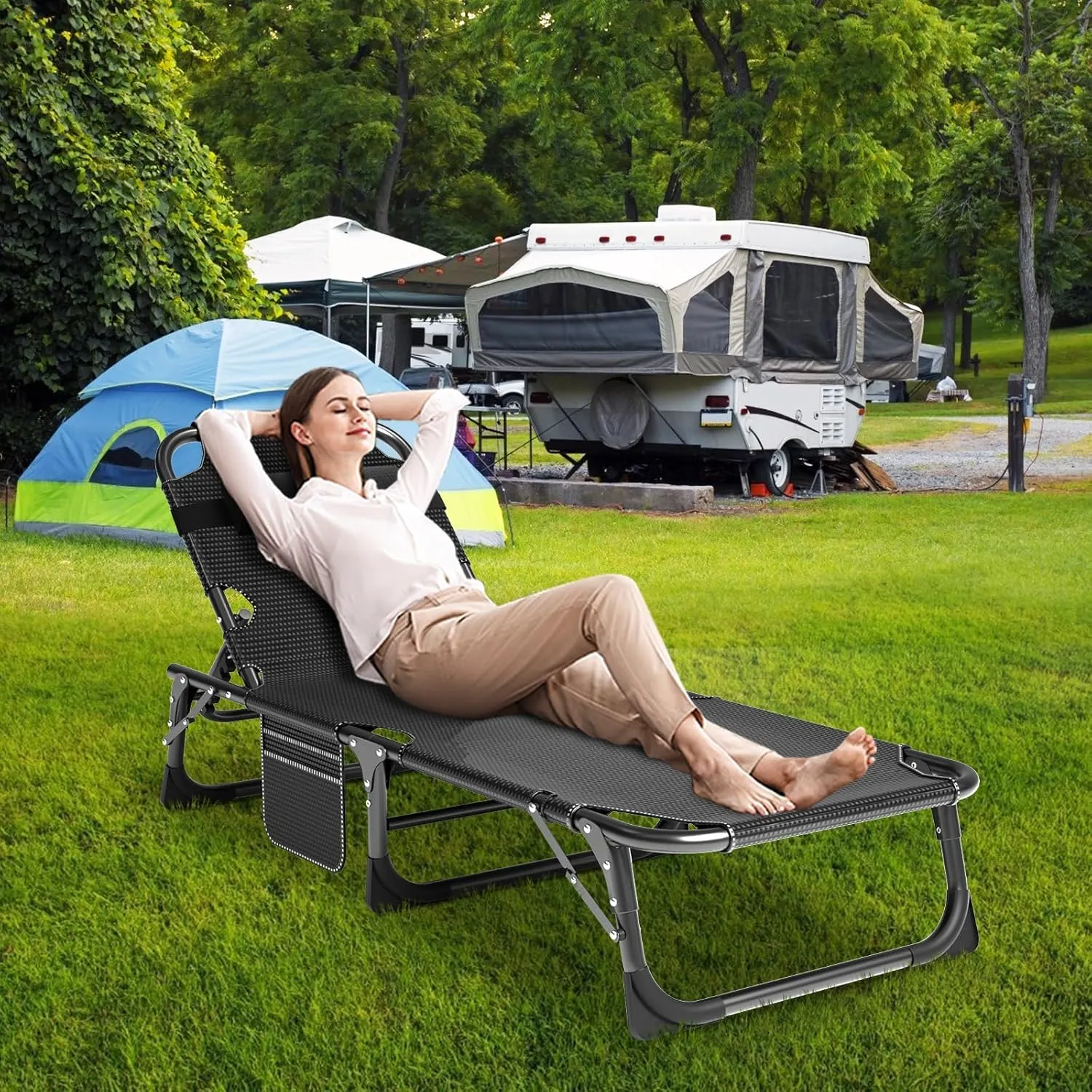 Slsy Folding Lounge Chairs Outdoor, Adjustable Sleeping Cot Chair, Portable Folding Bed Cot Chaise Lounge Chairs for Outside Beach Lawn Camping Pool Sun Tanning