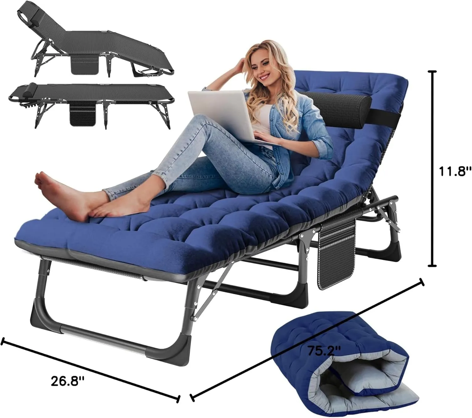 Slsy Folding Lounge Chairs Outdoor, Adjustable Sleeping Cot Chair, Portable Folding Bed Cot Chaise Lounge Chairs for Outside Beach Lawn Camping Pool Sun Tanning