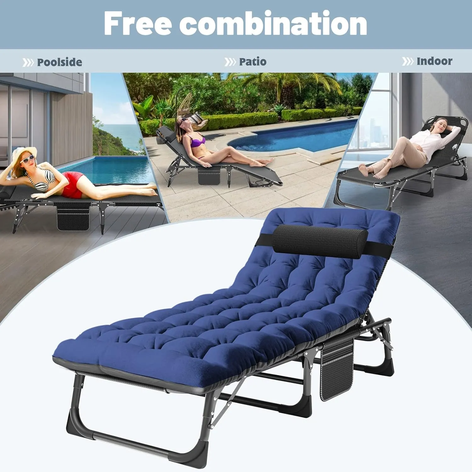 Slsy Folding Lounge Chairs Outdoor, Adjustable Sleeping Cot Chair, Portable Folding Bed Cot Chaise Lounge Chairs for Outside Beach Lawn Camping Pool Sun Tanning