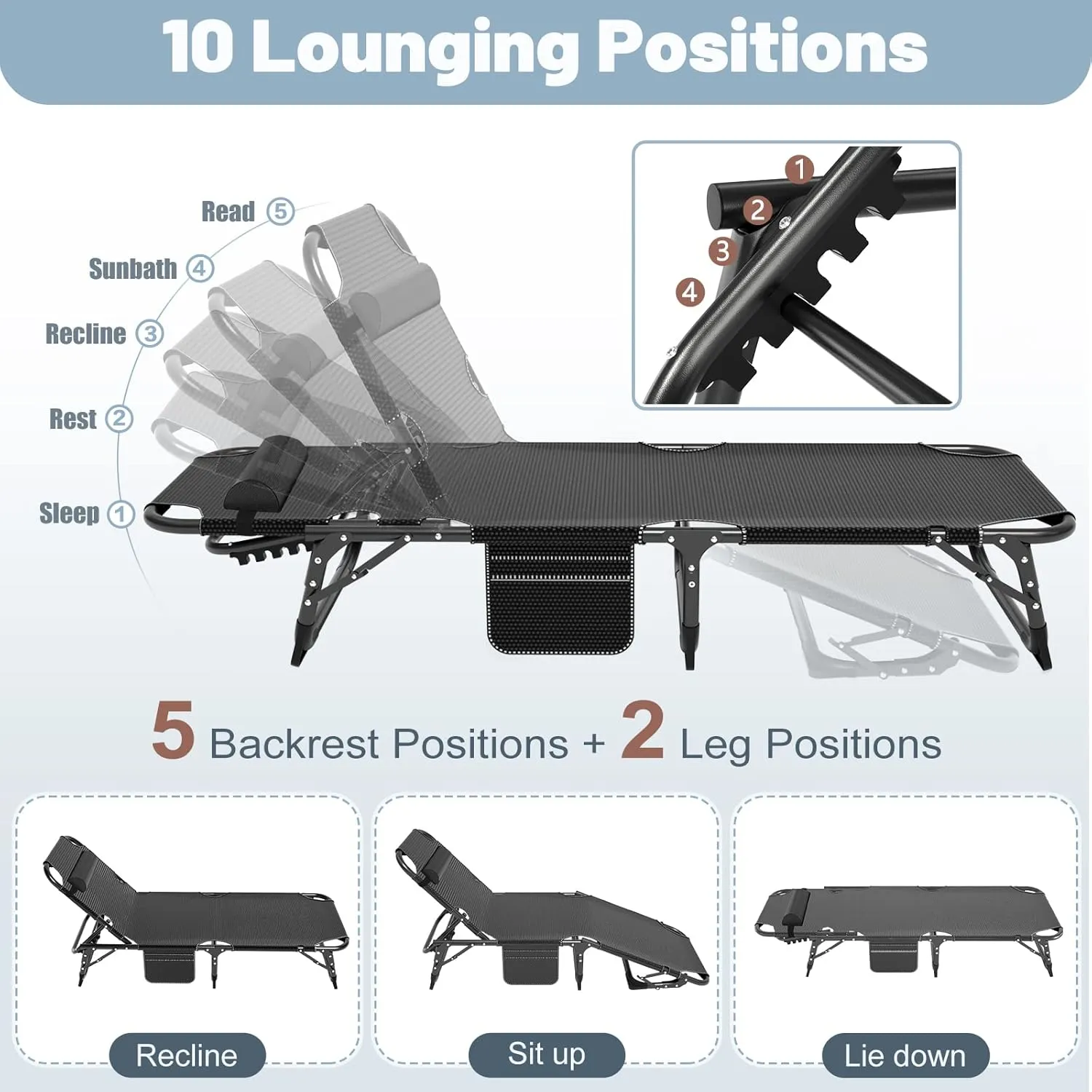 Slsy Folding Lounge Chairs Outdoor, Adjustable Sleeping Cot Chair, Portable Folding Bed Cot Chaise Lounge Chairs for Outside Beach Lawn Camping Pool Sun Tanning