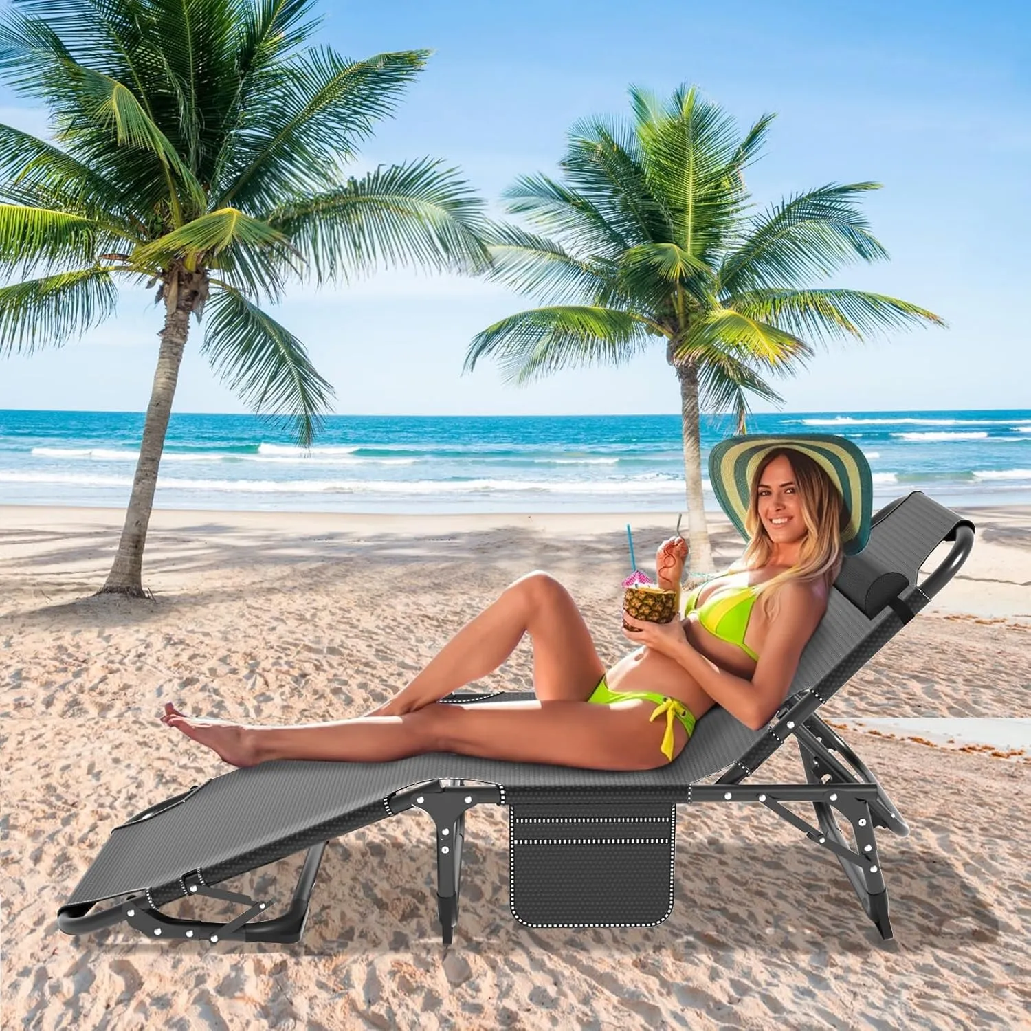 Slsy Folding Lounge Chairs Outdoor, Adjustable Sleeping Cot Chair, Portable Folding Bed Cot Chaise Lounge Chairs for Outside Beach Lawn Camping Pool Sun Tanning