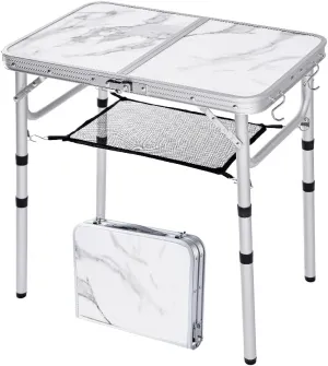 Small Camping Table with Mesh Layer, 3 Adjustable Heights Aluminum Lightweight Portable Folding Table with Extension Legs, Mini Table for Camping, Travel and Picnic