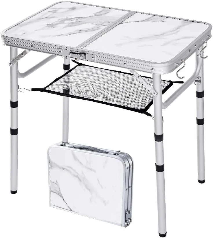 Small Camping Table with Mesh Layer, 3 Adjustable Heights Aluminum Lightweight Portable Folding Table with Extension Legs, Mini Table for Camping, Travel and Picnic