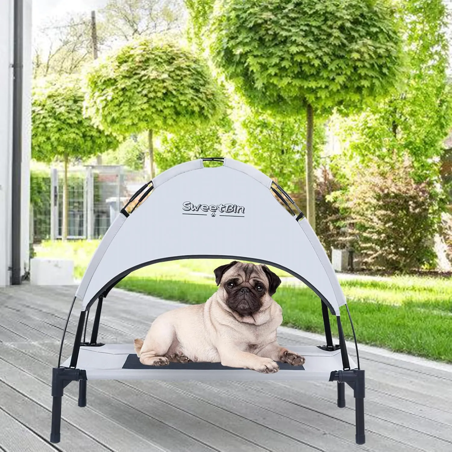 S/M/L Outdoor Elevated Dog Cot with Canopy & Side Shade for Camping Small Medium Dogs (Carry Bag), Portable Cooling Raised Dog Bed with and Side for Beach
