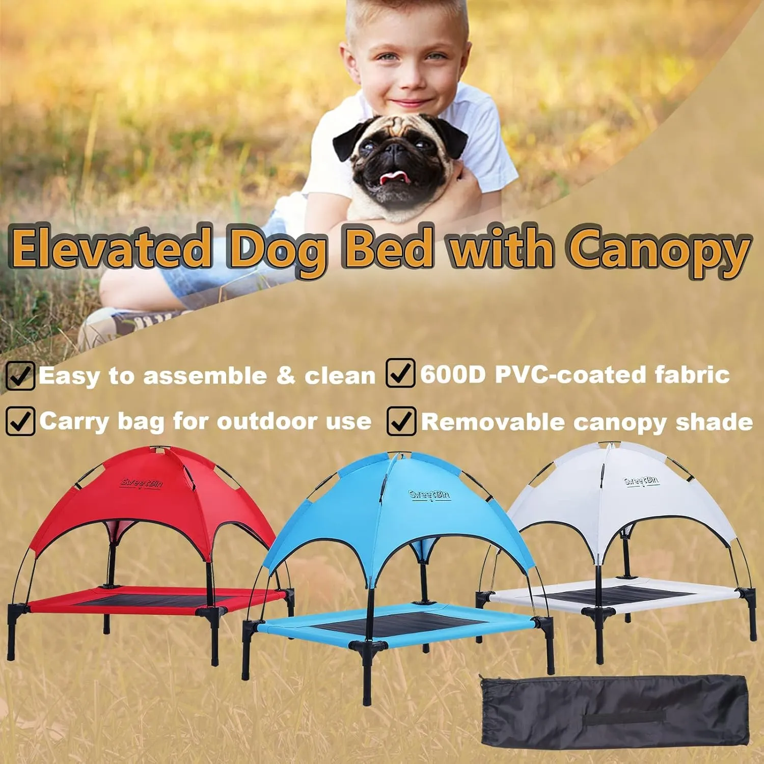 S/M/L Outdoor Elevated Dog Cot with Canopy & Side Shade for Camping Small Medium Dogs (Carry Bag), Portable Cooling Raised Dog Bed with and Side for Beach