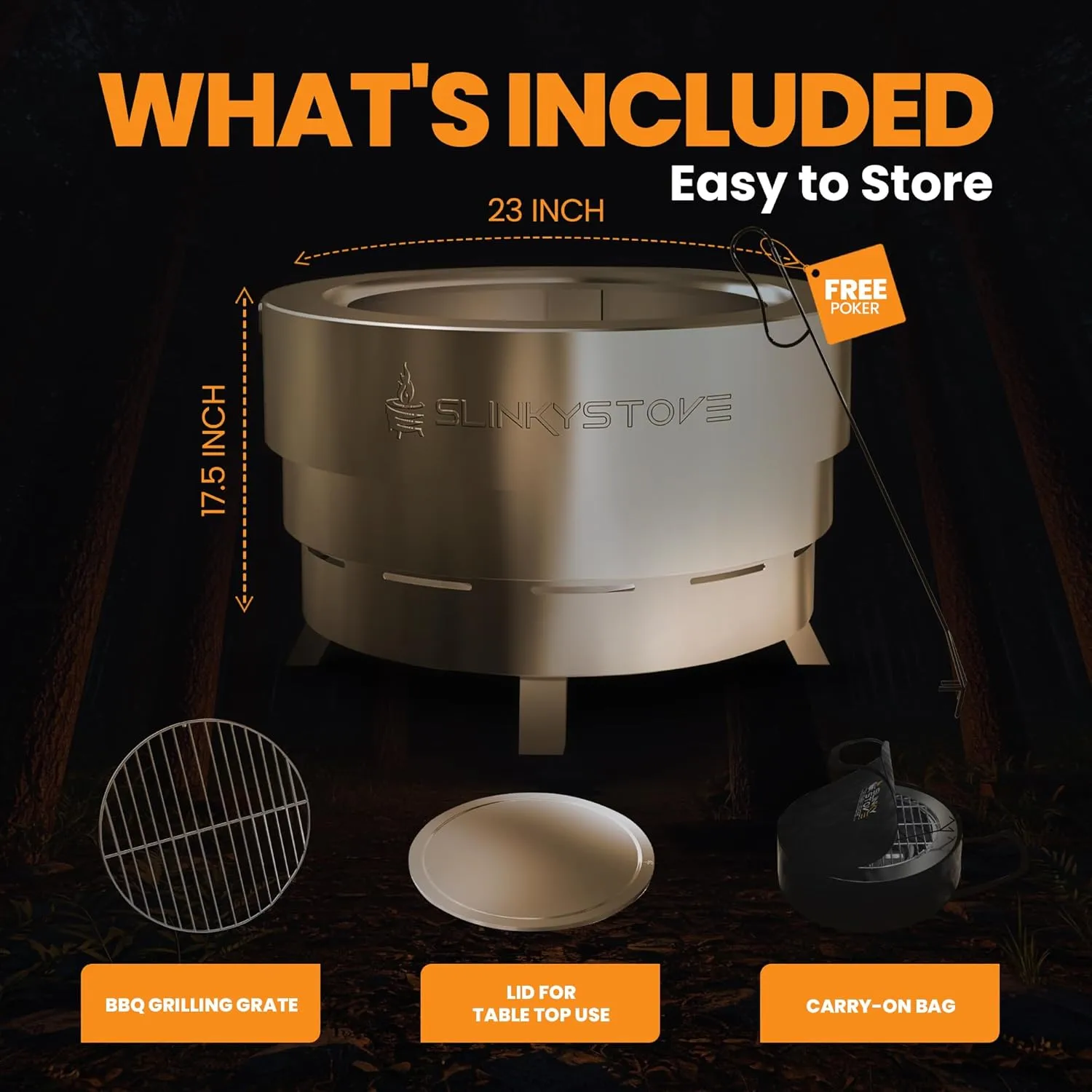 Smokeless Fire Pit for Outdoor Wood-Burning – Portable, Compact & Foldable Design for Camping, Bonfires, Tiny Cabin, Ventless Burn, Solo Pits, and Backyard Use – Stainless Steel, 23-Inch Slinky Stove