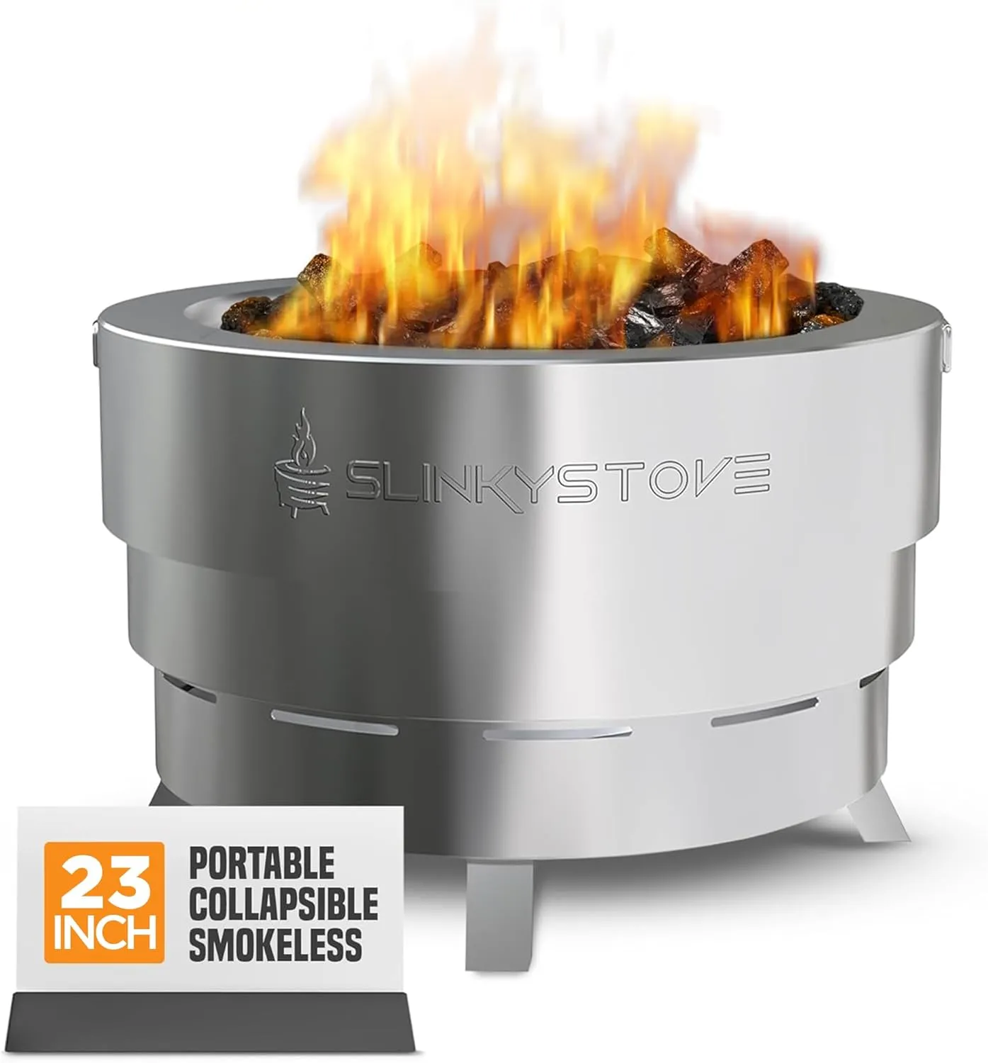 Smokeless Fire Pit for Outdoor Wood-Burning – Portable, Compact & Foldable Design for Camping, Bonfires, Tiny Cabin, Ventless Burn, Solo Pits, and Backyard Use – Stainless Steel, 23-Inch Slinky Stove