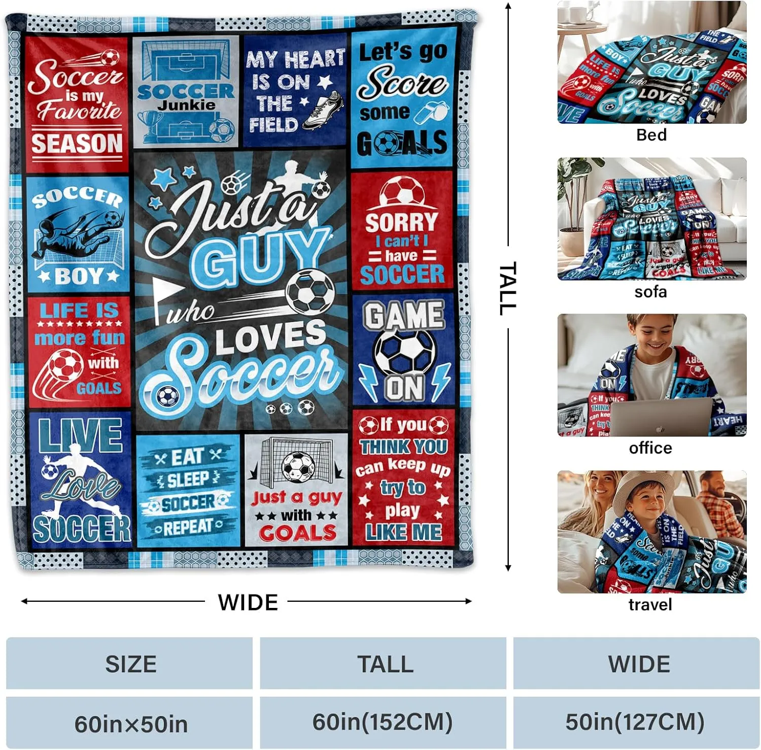 Soccer Blanket Gifts for Boys, Soft Cozy Flannel Throw Blanket for Soccer Lovers Gifts, Football Blanket 50"*60", Christmas, Holiday, Thanksgiving Gifts