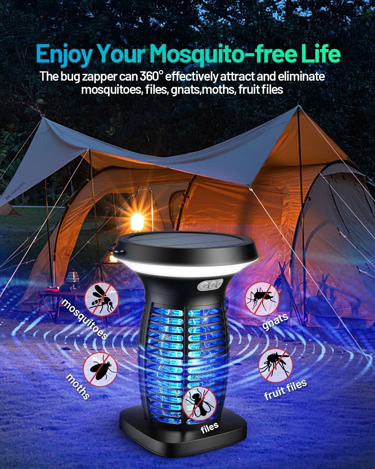 Solar Bug Zapper Outdoor, Mosquito Zapper Indoor Outdoor, Electric Fly Zapper with Camping Lantern, Waterproof Bug Traps, Cordless Mosquito Killer Lamp for Patio, Backyard, Home, Balcony