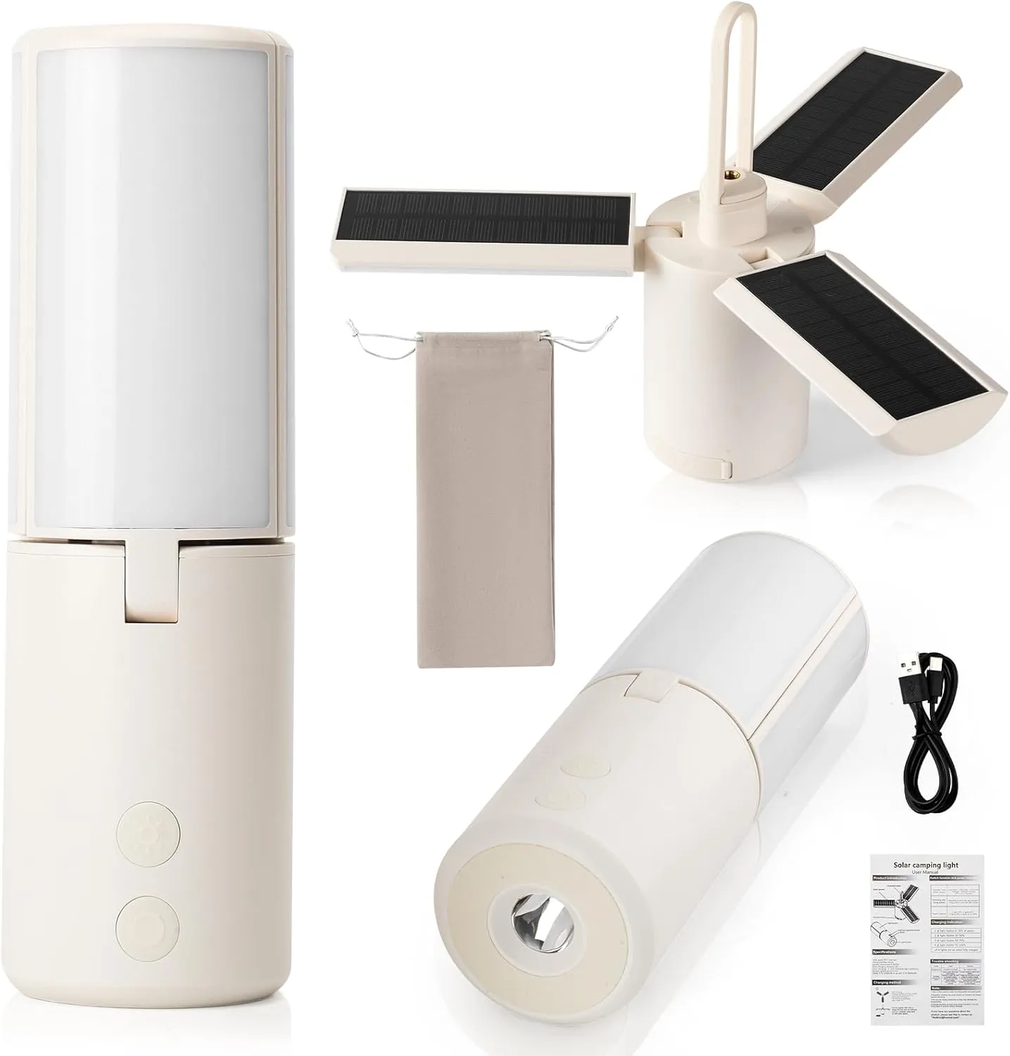 Solar Camping Lantern 8000mAh – Rechargeable,Foldable Solar Panels,Stepless Dimming,Flashlight & SOS Modes,USB Charging,Waterproof & Portable Handle,Ideal for Outdoor,Emergency,Travel,Home Use–White