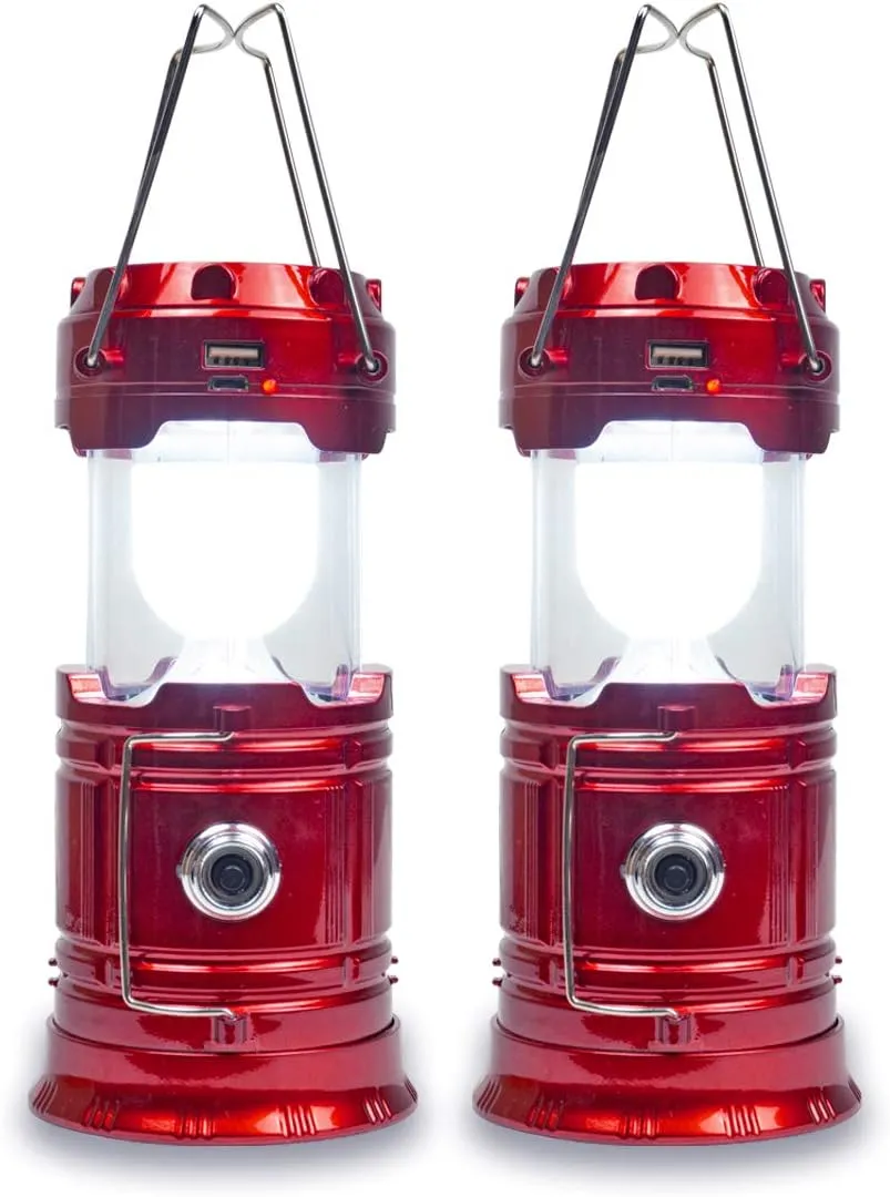 Solar Camping Lantern Rechargeable USB,COB LED Lantern Flashlight 2 Power Supply Modes Survival Kit for Emergency, HuHMIASFMKicane(Red 2 Pack)