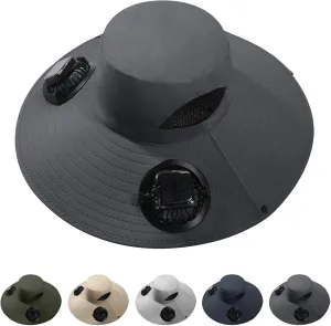 Solar Fan Hat Outdoor, Wide Brim Sun Hat with 2 Solar Fans, 2025 UPF 50  Bucket Sun Hat for Men Women, Solar Powered