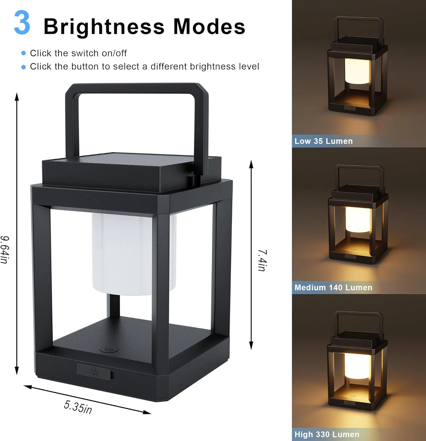 Solar Lantern Outdoor Table Lamp, 3-Level Brightness LED Nightstand Lantern, Solar Lanterns Outdoor Waterproof Hanging for Patio Walking Reading Camping