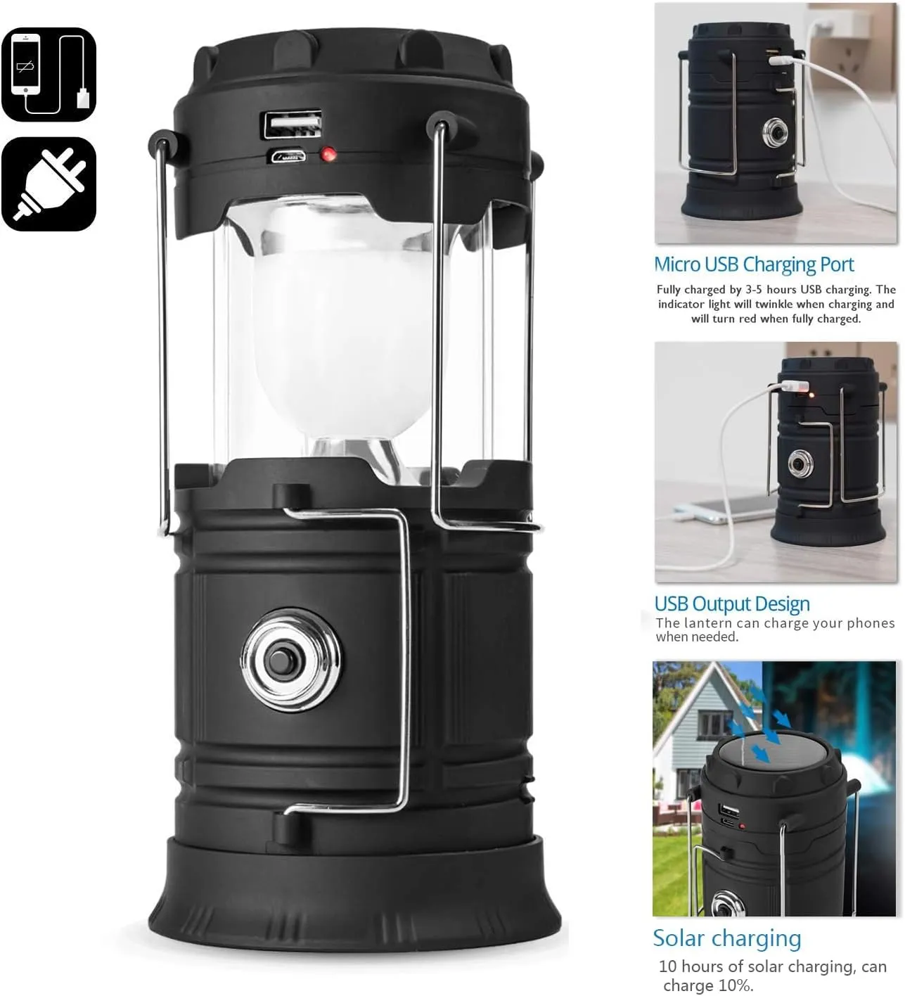 Solar Powered Camping Lantern, Flashlights Charging for Phone, USB Rechargeable LED Camping Lantern, Collapsible & Portable for Emergency, Hurricanes