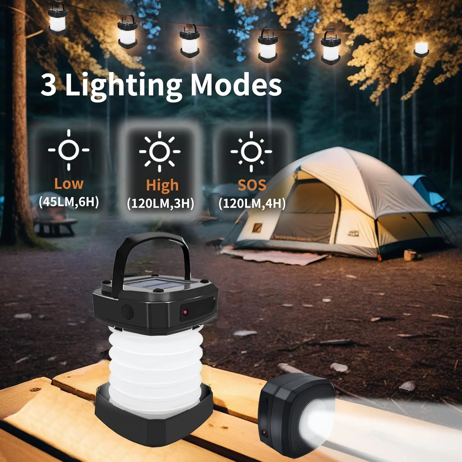 Solar Powered Lantern Flashlight,2-Pack Collapsible LED Camping Lantern,Portable USB Rechargeable Lamp for Power Outages,Emergencies,Hurricanes,Tent Lighting,Hiking,Backpacking Gear(Black)
